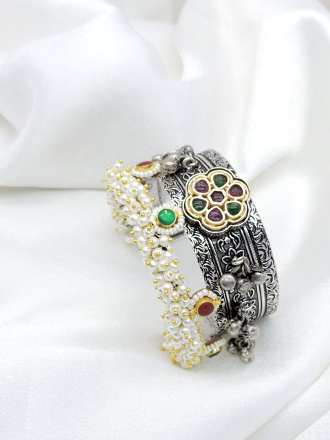Oxidized dual-tone silver gold green pink pearl cuff bracelet with ornate floral detailing by joyrias