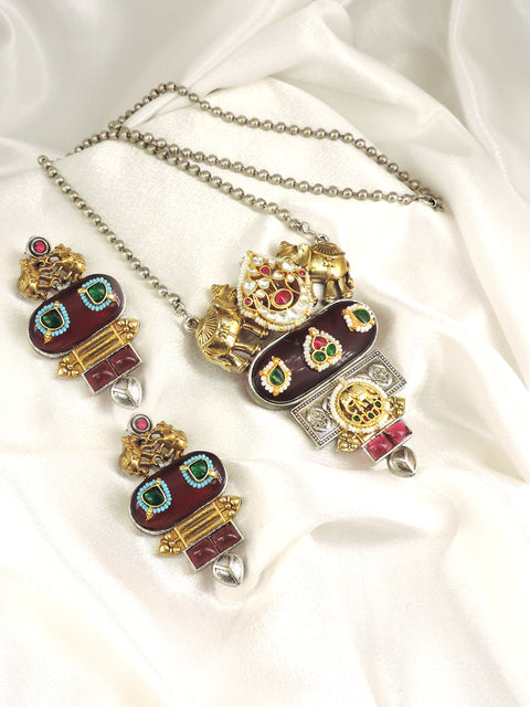 Elephant Maroon Oxidized Necklace Set