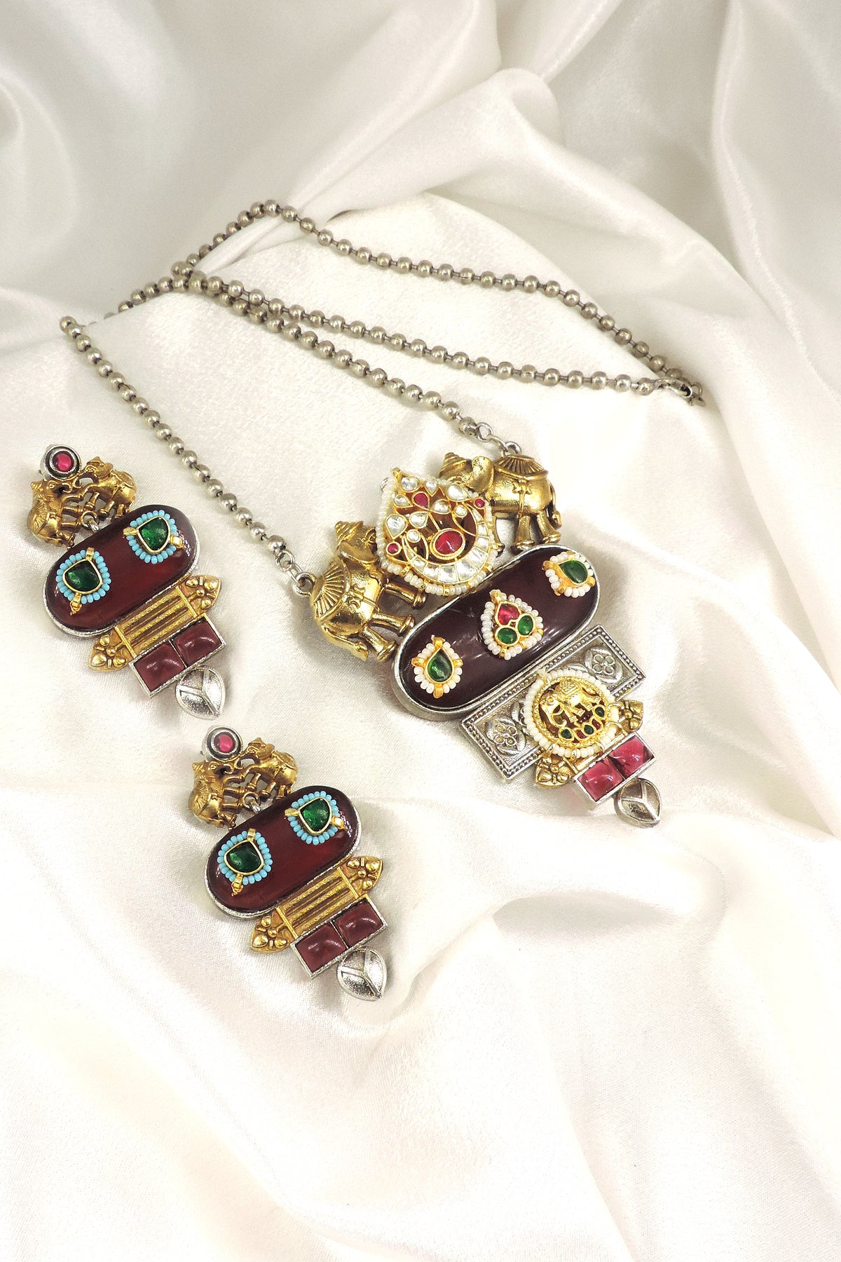 Elephant Maroon Oxidized Necklace Set