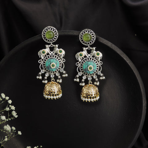 Dual Tone Jhumka Earrings with Pearl Drops