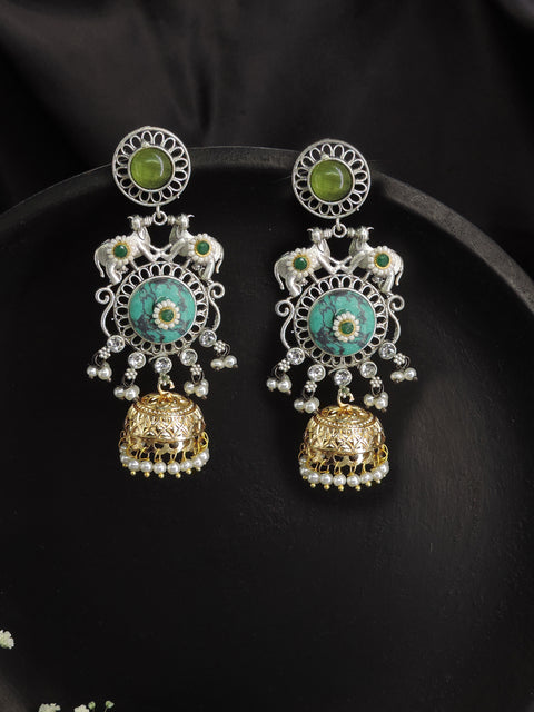 Dual Tone Jhumka Earrings with Pearl Drops