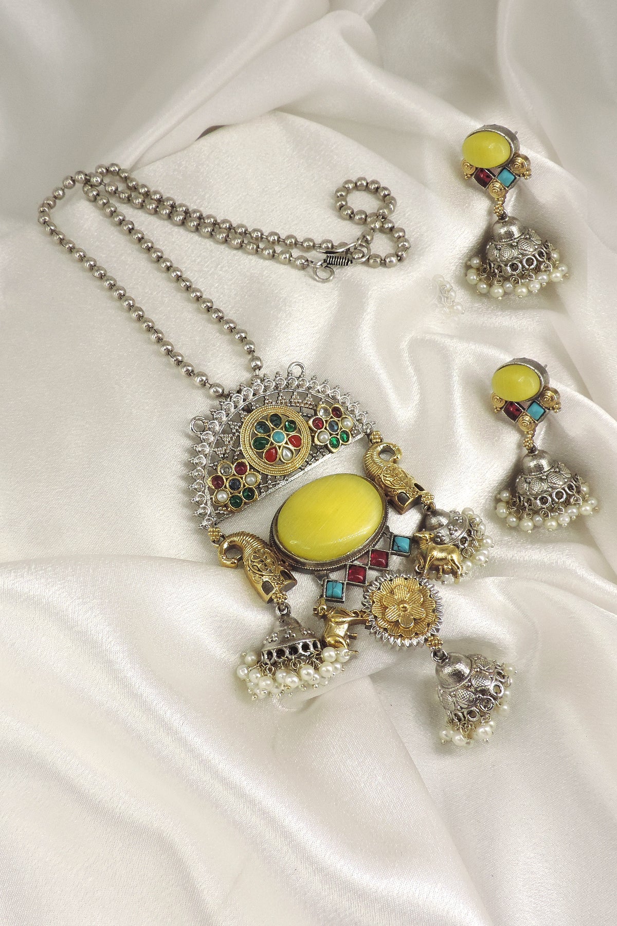 Black Stone Elephant Oxidized Necklace Set