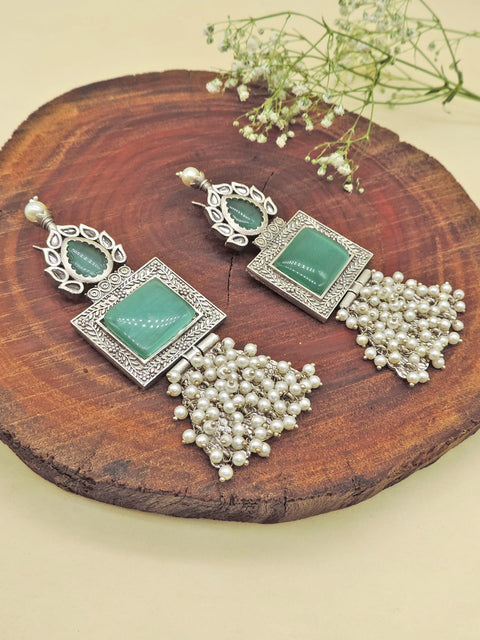 Mahira brass earrings in sage green – handcrafted Indian statement earrings – Joyrias