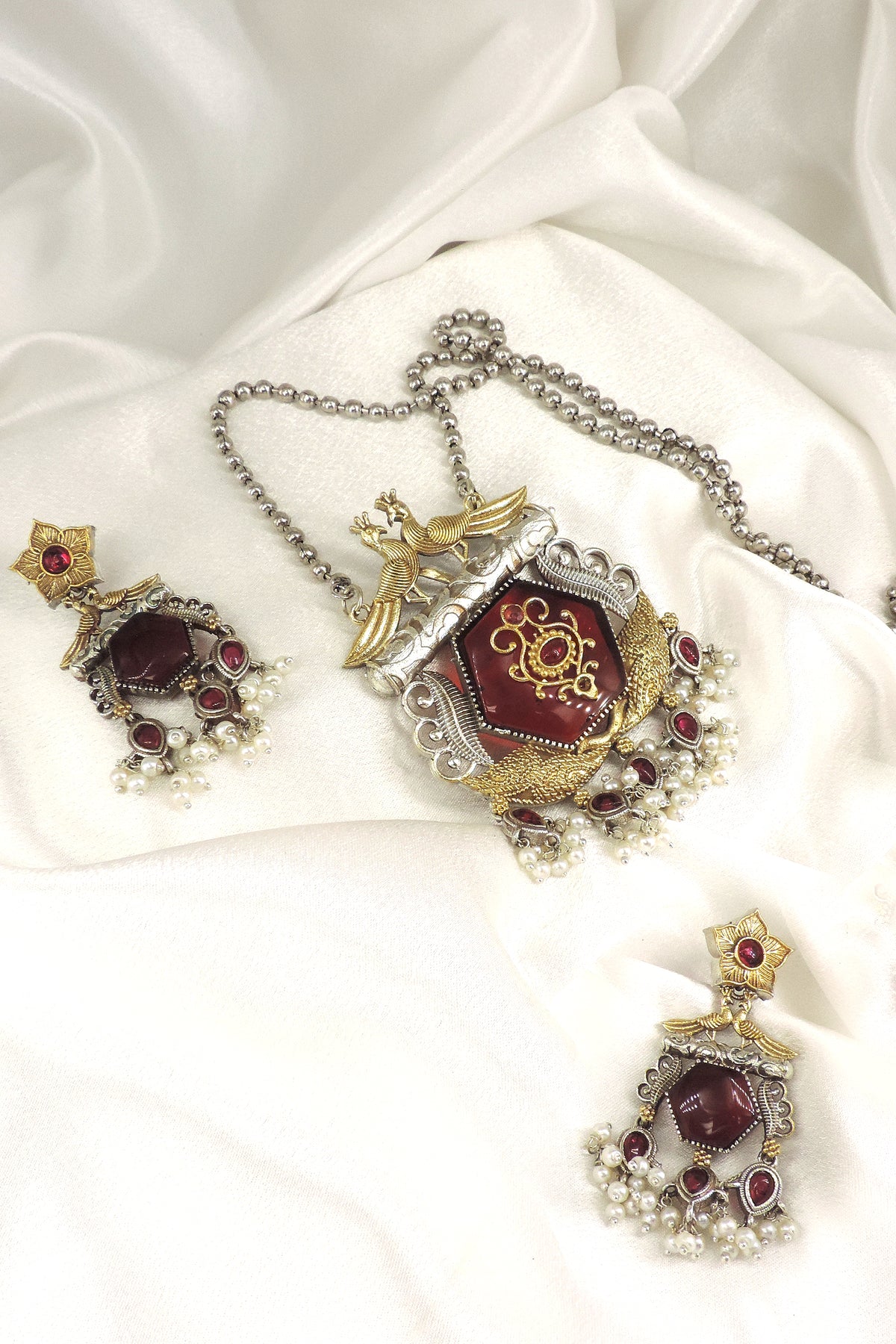 Pink Peacock Dual Tone Pendant Necklace Set