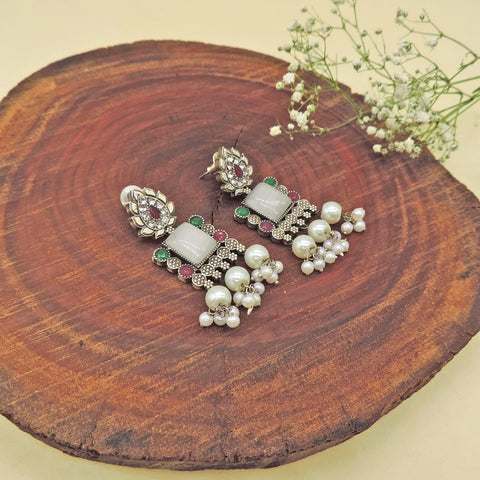 Oxidised AD Pearl Drop Statement Earrings
