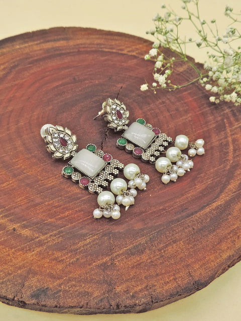 Oxidised AD Pearl Drop Statement Earrings