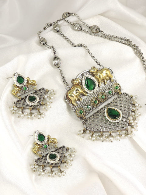 Kamdhenu Dual Tone Oxidized Necklace Set by Joyrias