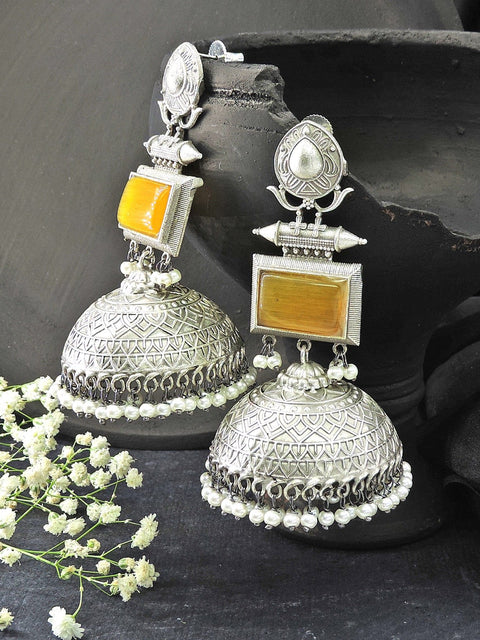 Yellow silver plated jhumka – lightweight Indian jhumka earrings for weddings – Joyrias