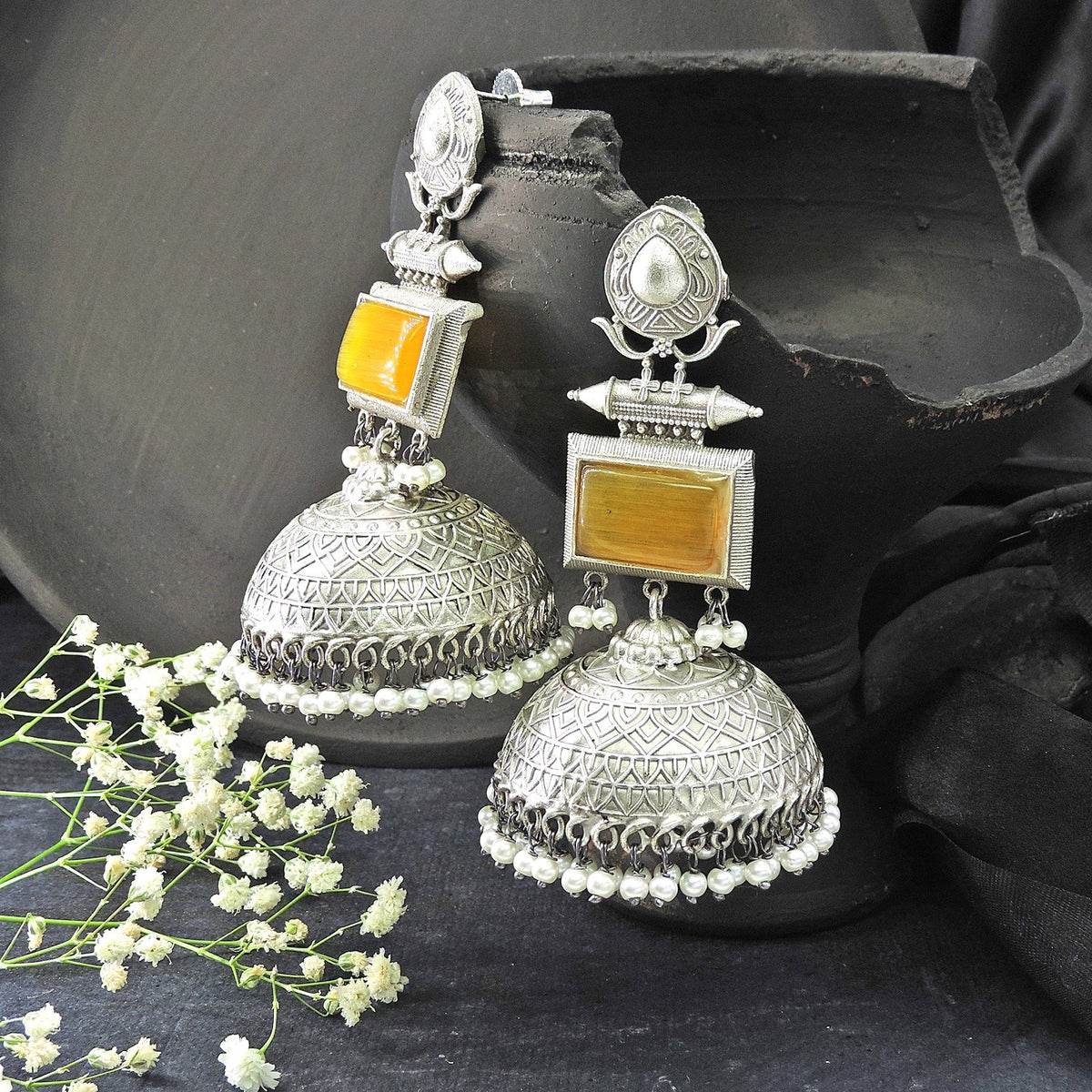 Yellow silver plated jhumka – lightweight Indian jhumka earrings for weddings – Joyrias