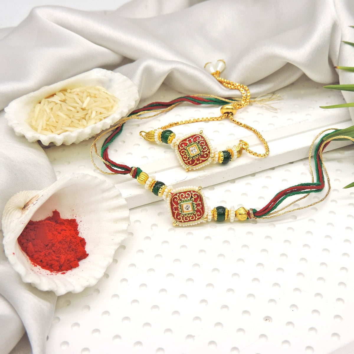 Royal Red Green Bhaiya Bhabhi Rakhi Set by Joyrias