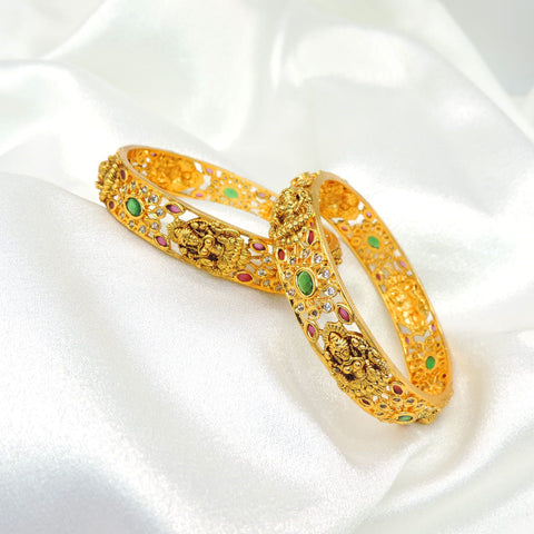 Temple Design Gold Bangles with Green & Pink Stone Accents