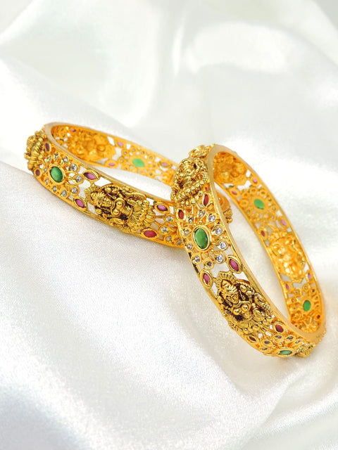 Temple Design Gold Bangles with Green & Pink Stone Accents