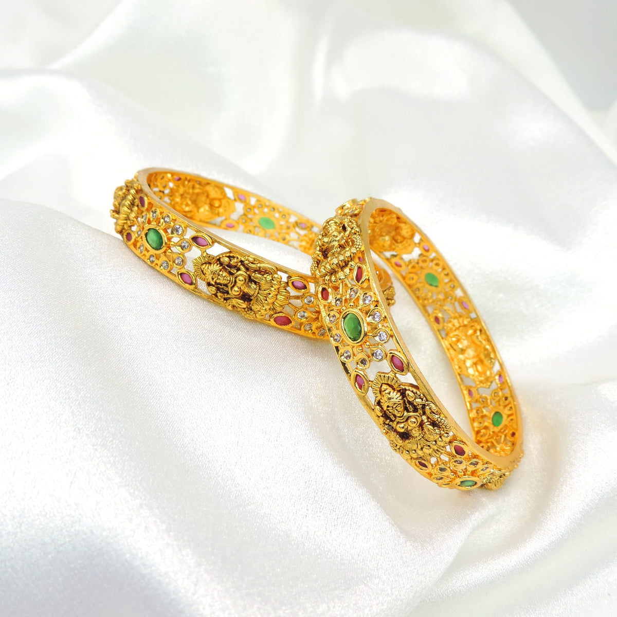 Temple Design Gold Bangles with Green & Pink Stone Accents