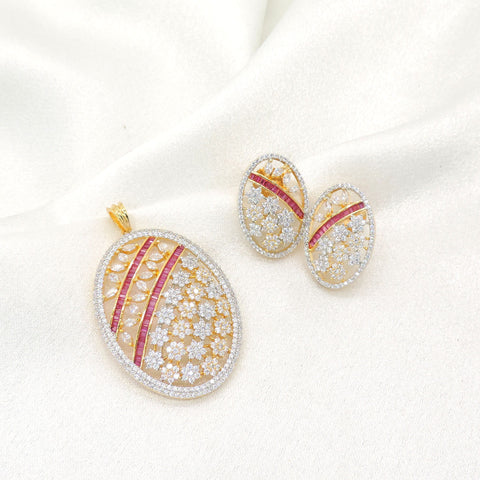 Luxury CZ Pendant Set with Ruby Pink Accents | Gold Finish Jewelry
