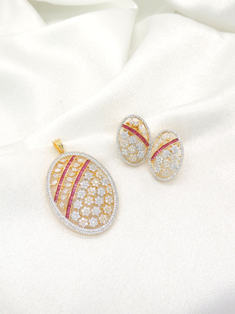 Luxury CZ Pendant Set with Ruby Pink Accents | Gold Finish Jewelry