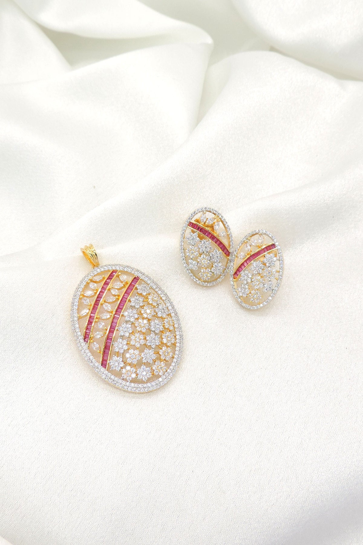 Luxury CZ Pendant Set with Ruby Pink Accents | Gold Finish Jewelry