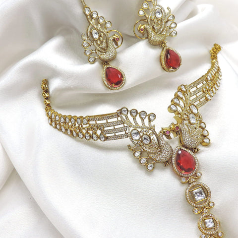 Royal ruby peacock CZ AD necklace set with matching earrings by joyrias