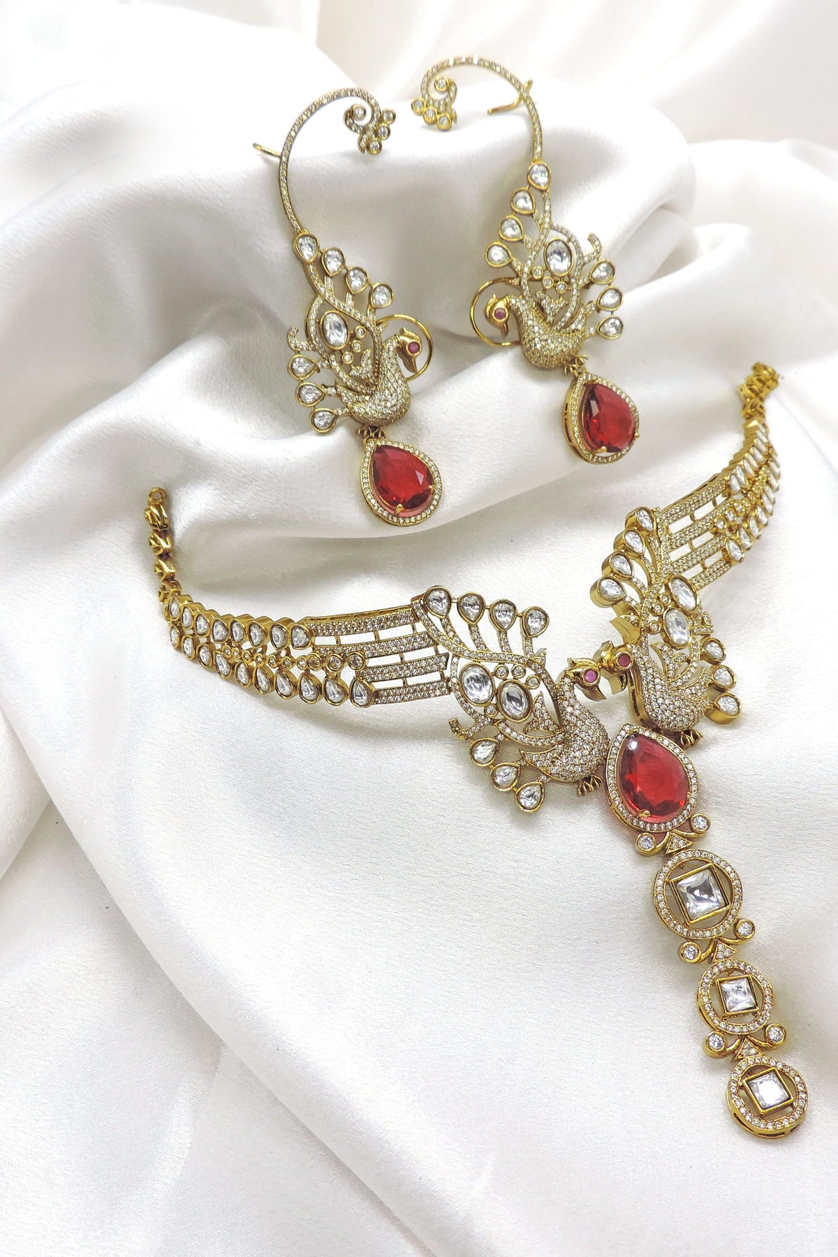 Royal ruby peacock CZ AD necklace set with matching earrings by joyrias