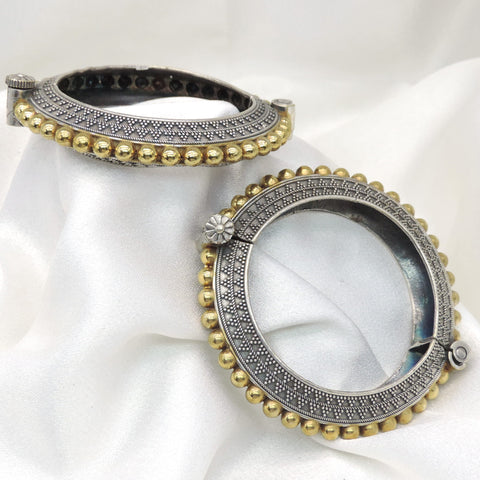 Oxidized dual-tone gold silver beaded openable bangle set by joyrias