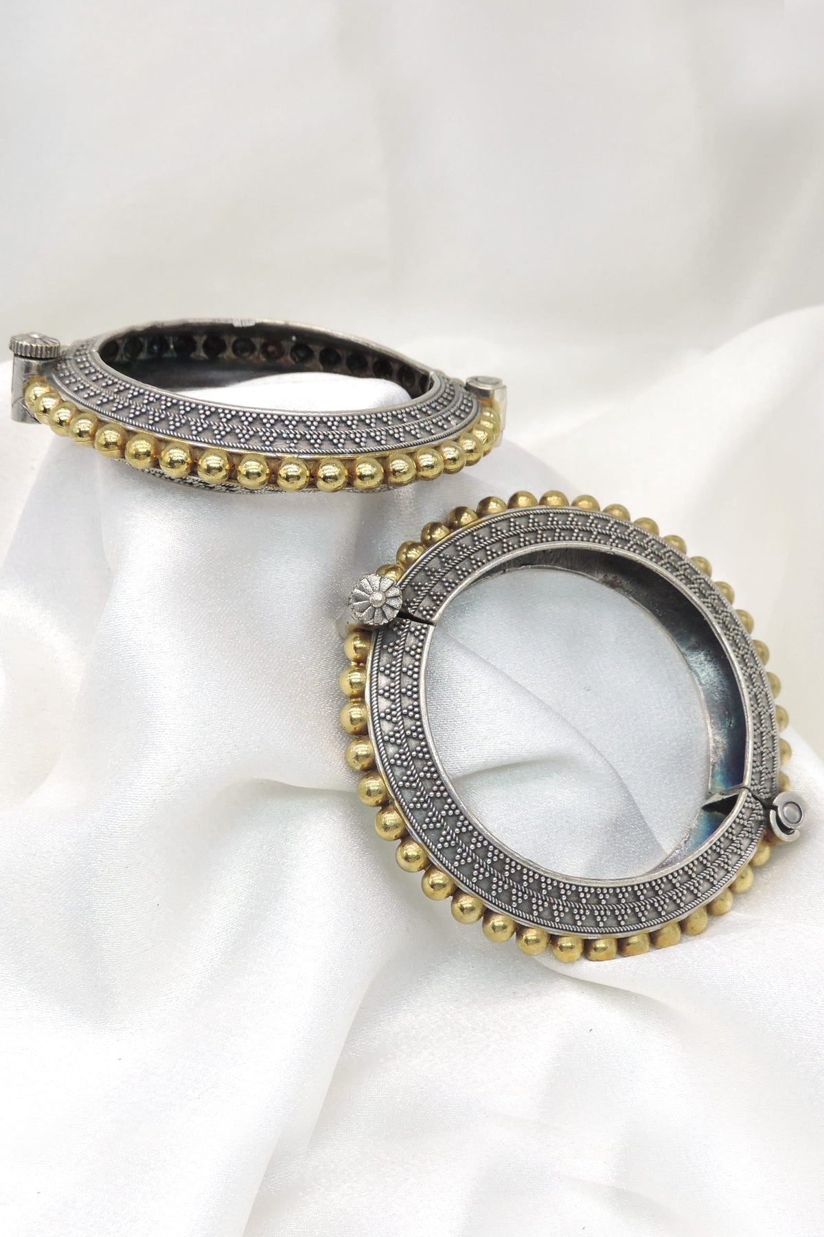 Oxidized dual-tone gold silver beaded openable bangle set by joyrias