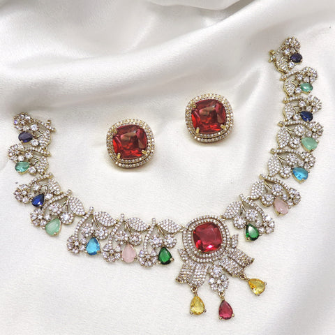 Ruby multicolor CZ necklace set with floral accents and matching earrings by joyrias