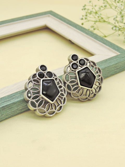 Pink Stone Oxidized Floral Stud Earrings