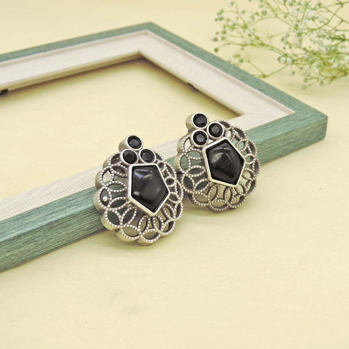 Pink Stone Oxidised Floral Stud Earrings