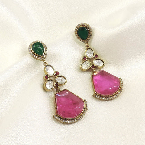 Emerald pink with kundan  drop earrings by Joyrias
