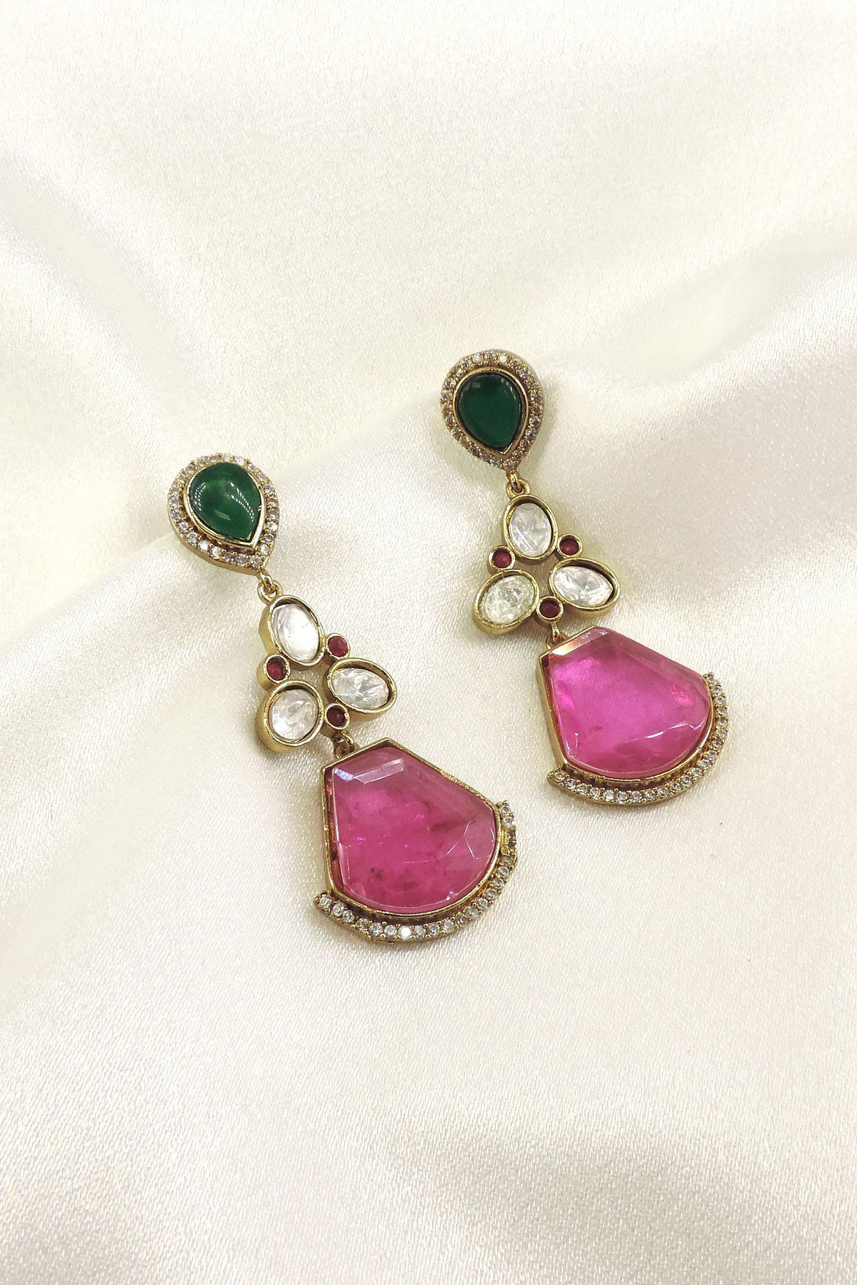 Emerald pink with kundan  drop earrings by Joyrias
