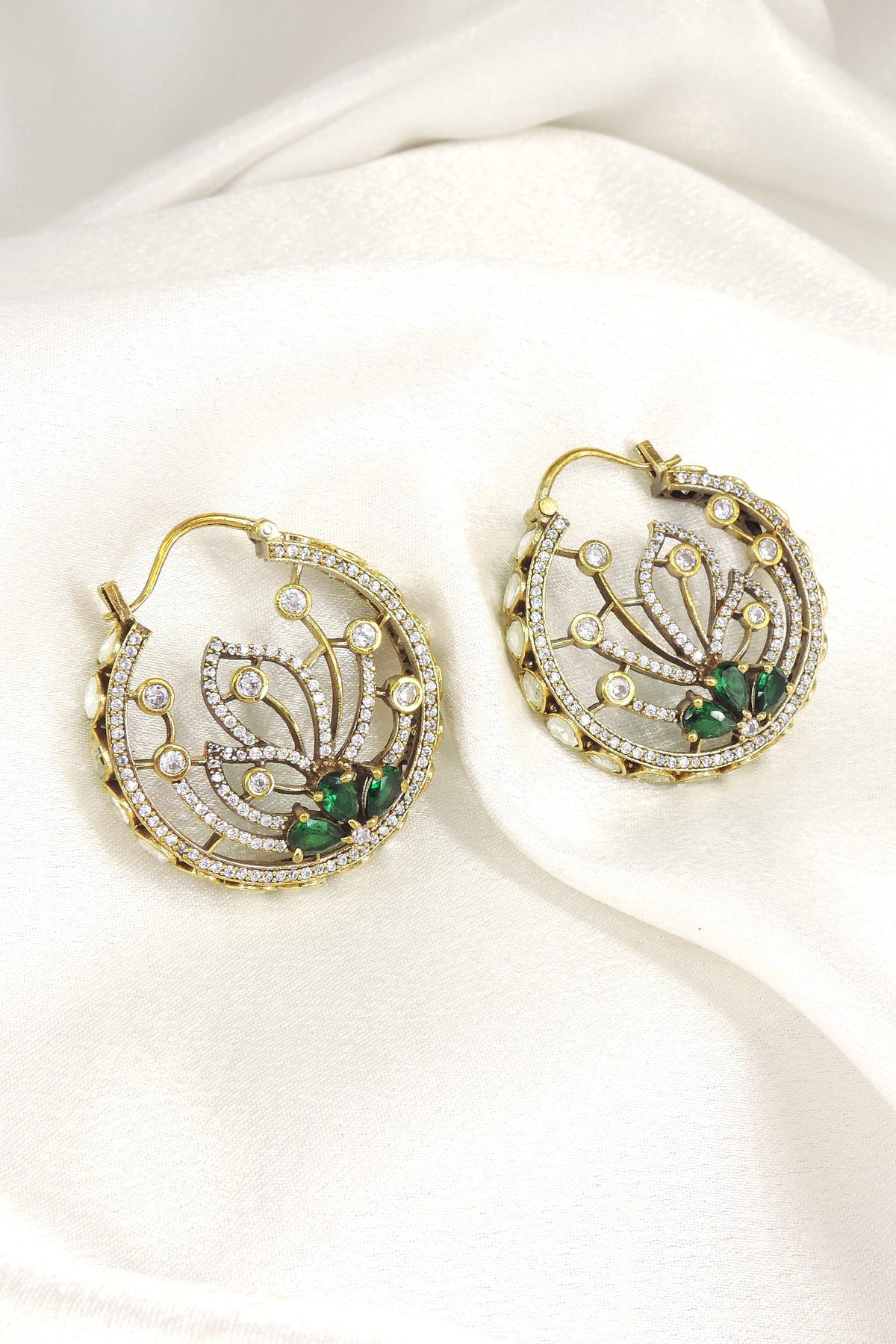 Green CZ Floral Hoop Earrings by Joyrias