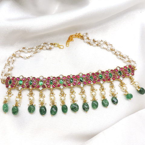 Gold plated ruby emerald floral pearl choker set by joyrias