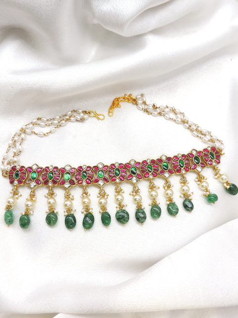 Gold plated ruby emerald floral pearl choker set by joyrias