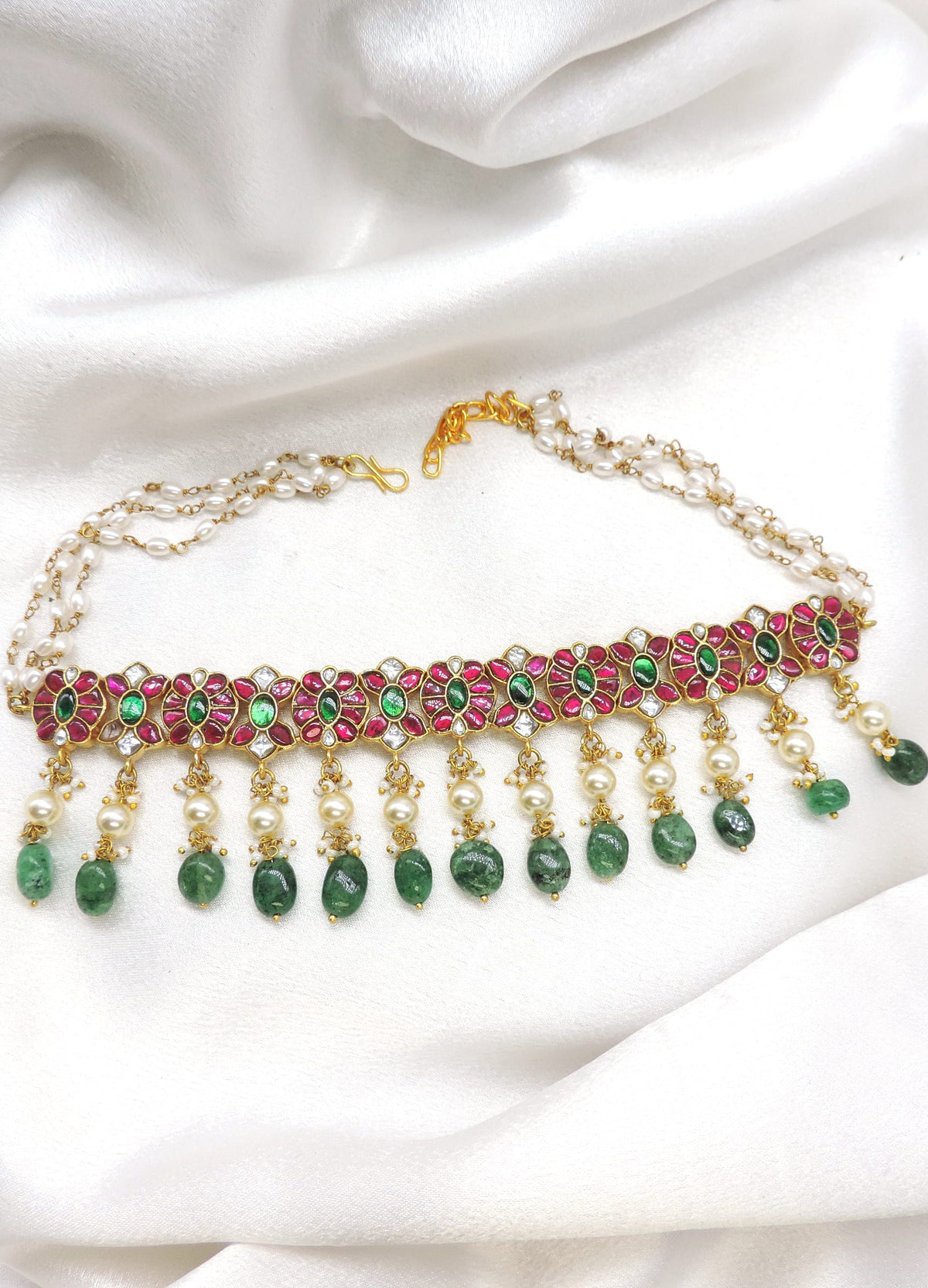 Gold plated ruby emerald floral pearl choker set by joyrias
