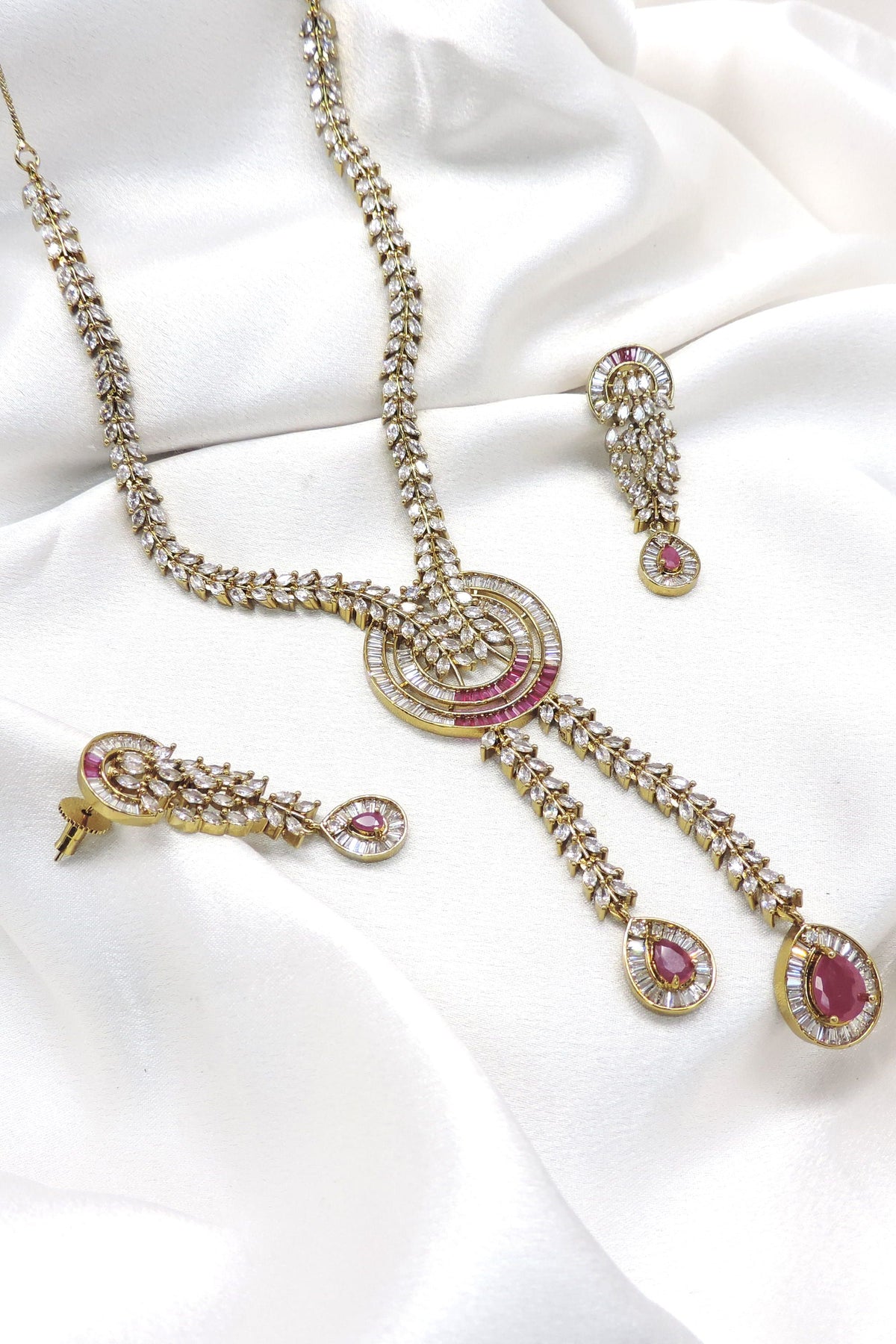 CZ AD floral ruby necklace set with matching earrings by joyrias
