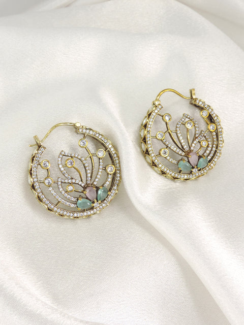 Green CZ Floral Hoop Earrings