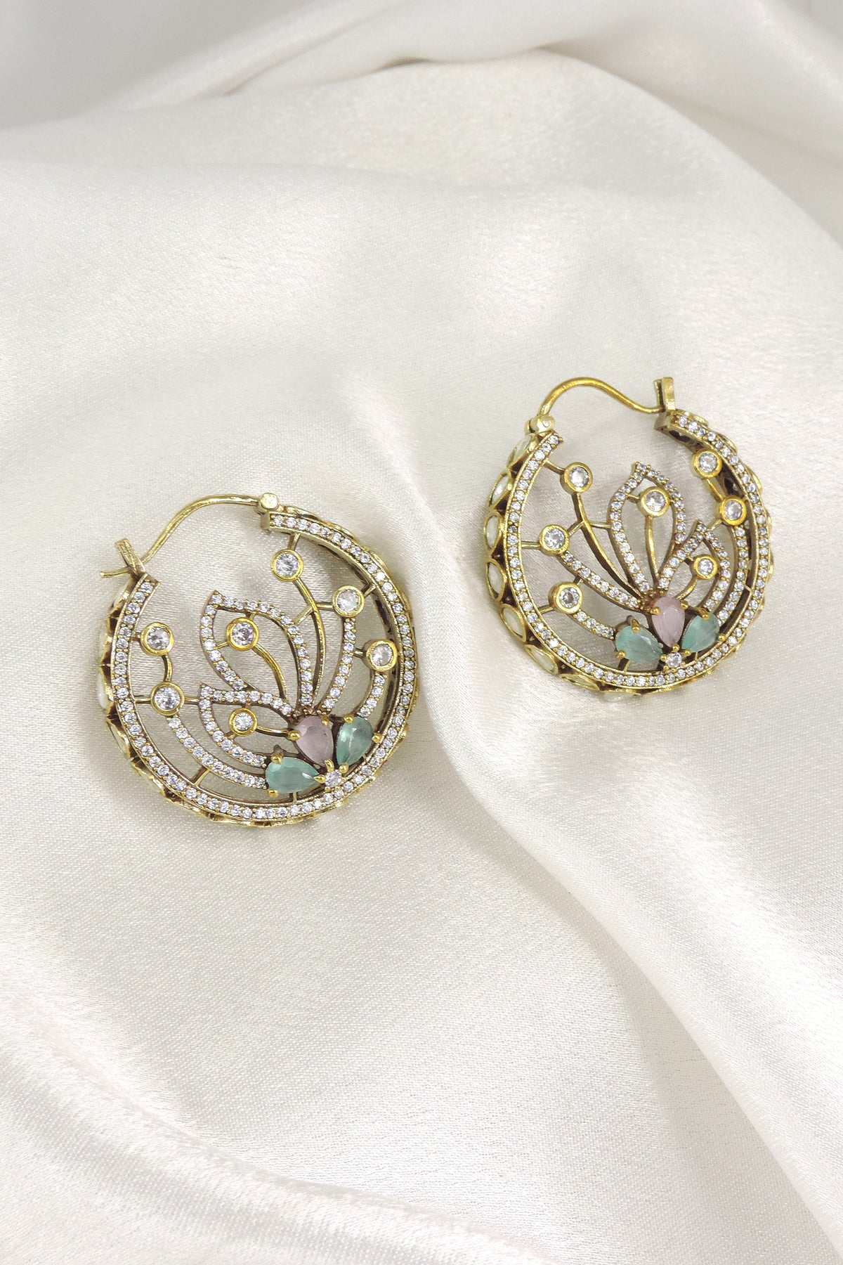 Green CZ Floral Hoop Earrings