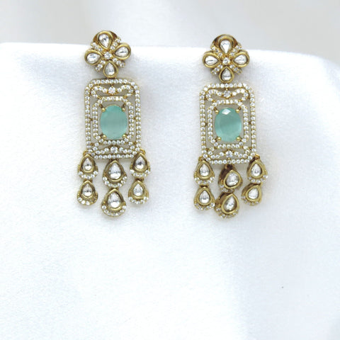 Royal kundan mint green drop earrings with CZ detailing by joyrias
