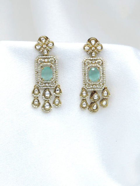 Royal kundan mint green drop earrings with CZ detailing by joyrias