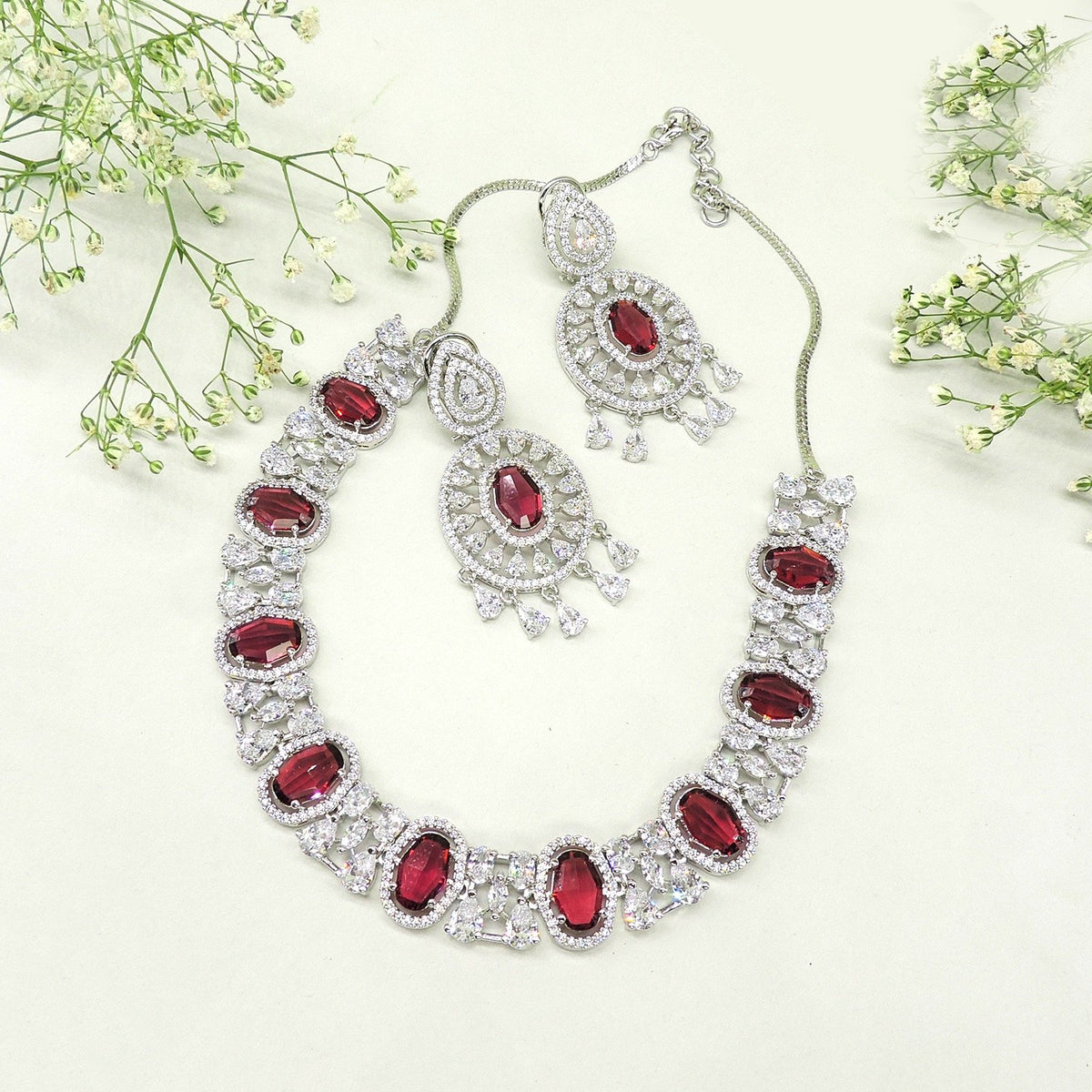 AD necklace set with red doublets – Indian American diamond necklace for weddings USA – Joyrias