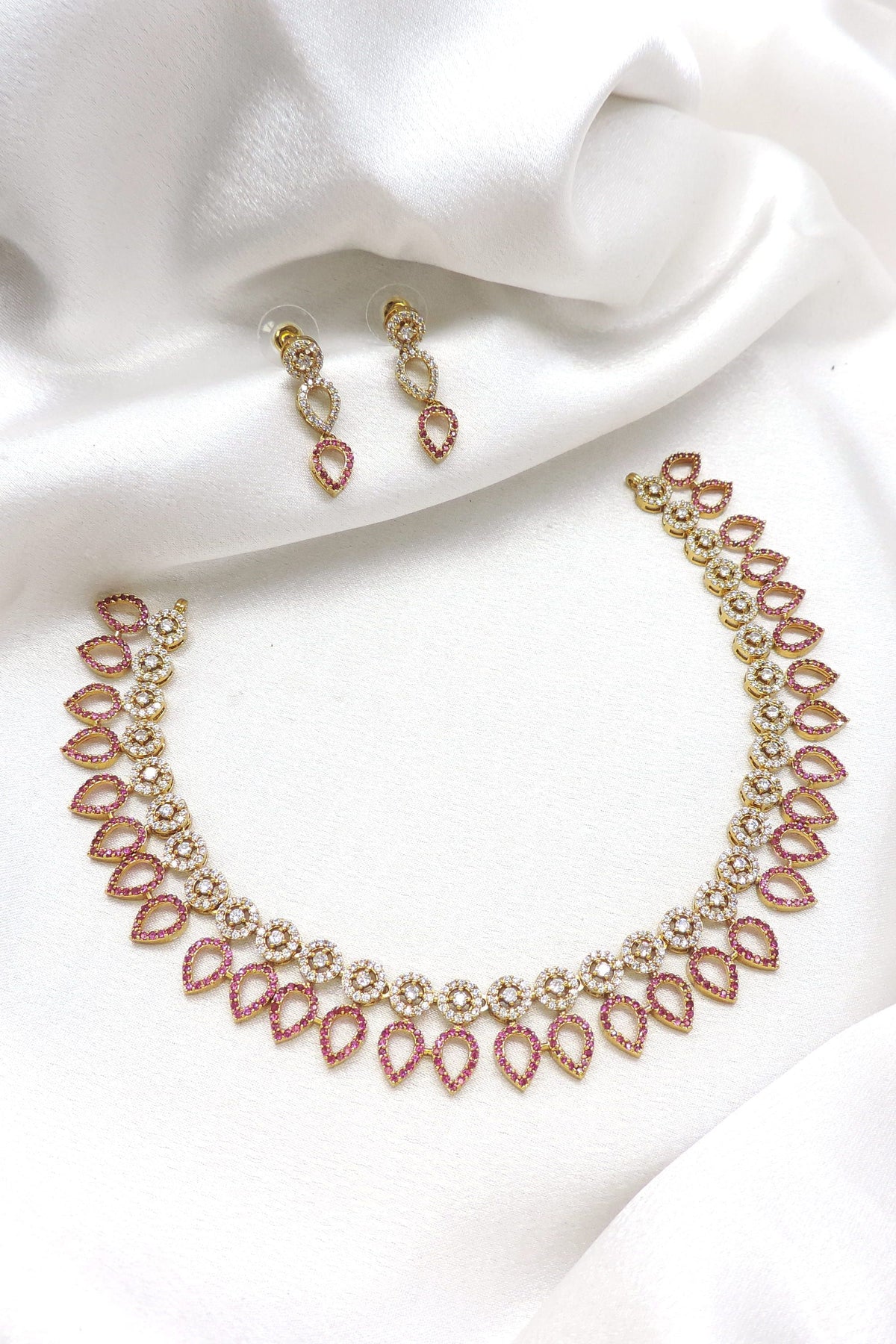 Rose ruby CZ AD necklace set with delicate teardrop detailing by joyrias