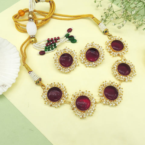 Red stone with pearls choker necklace – Indian red stone pearl choker for weddings USA – Joyrias