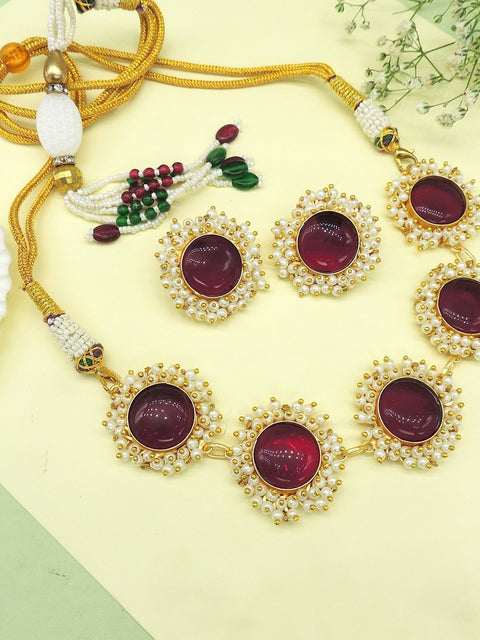 Red stone with pearls choker necklace – Indian red stone pearl choker for weddings USA – Joyrias