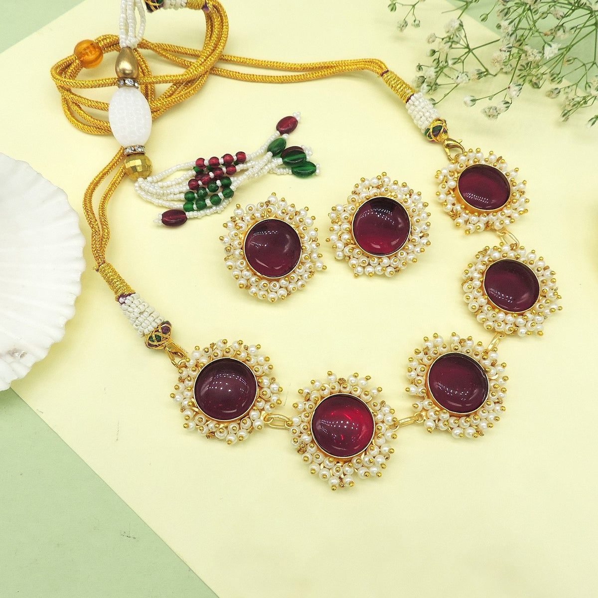 Red stone with pearls choker necklace – Indian red stone pearl choker for weddings USA – Joyrias