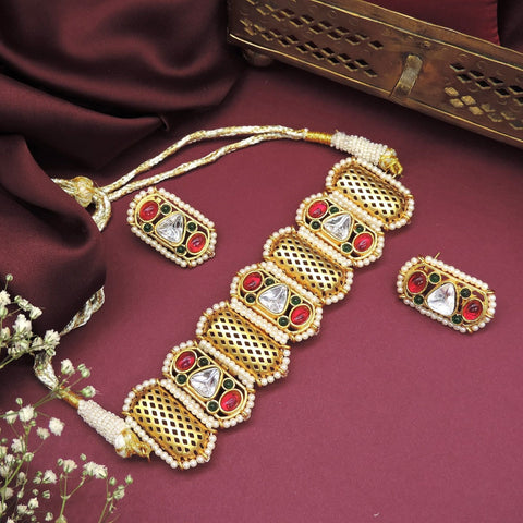 Multicolor Kundan choker necklace set with pearls – Indian bridal jewelry USA – Joyrias