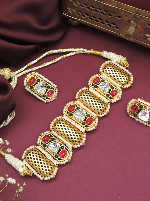 Multicolor Kundan choker necklace set with pearls – Indian bridal jewelry USA – Joyrias