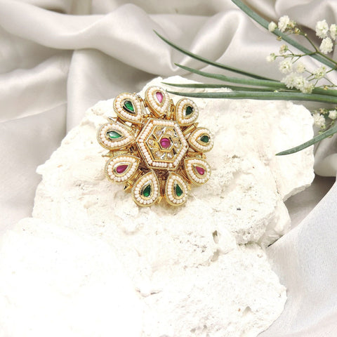 Hexagon multicolor Kundan AD statement ring – Indian festive ring for women USA – Joyrias