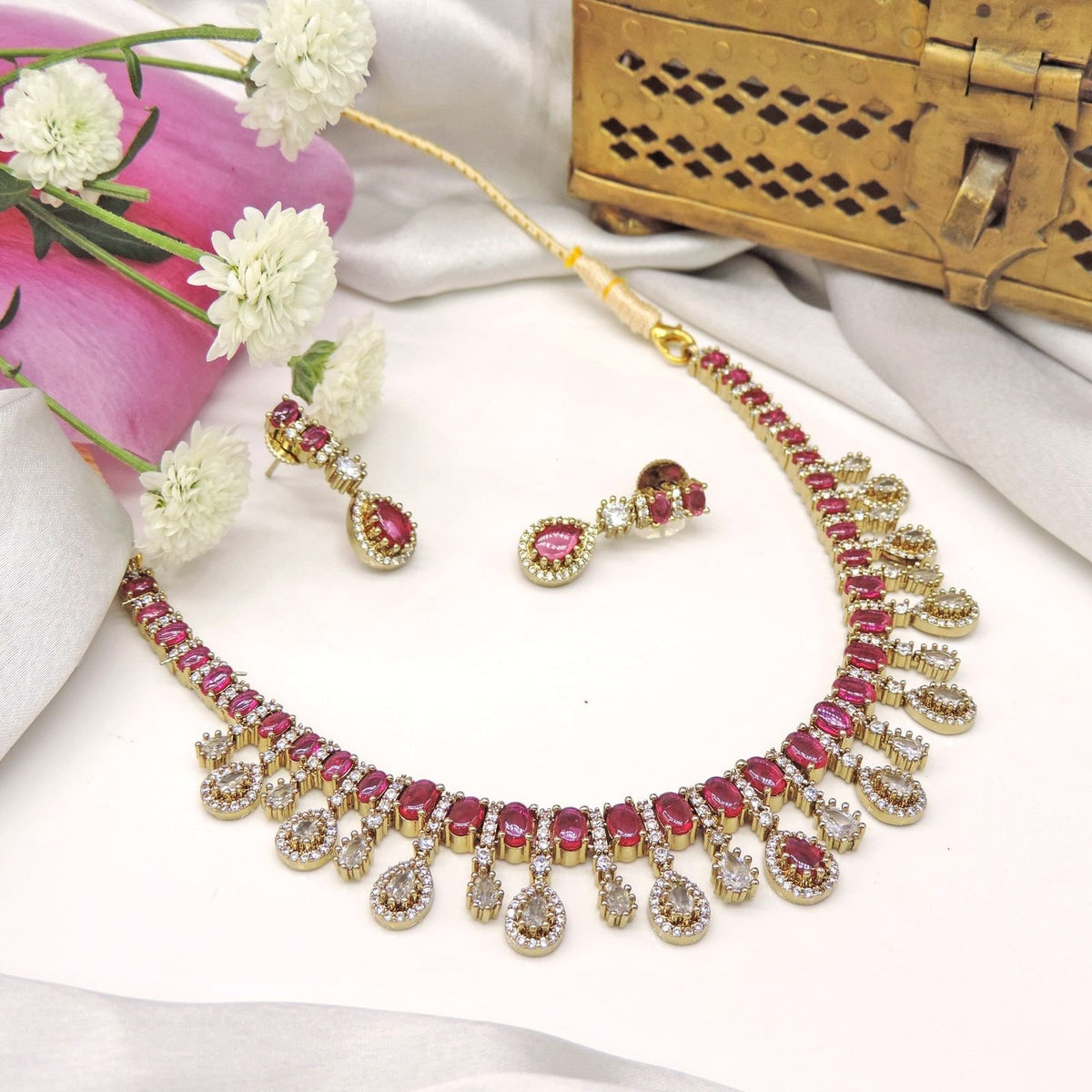 Ruby and diamond look necklace set – Indian CZ ruby necklace for weddings USA – Joyrias