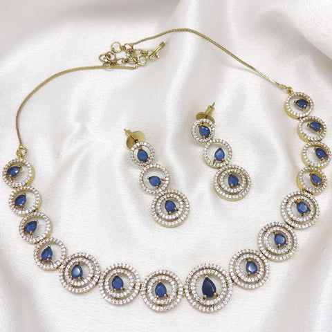 Blue AD Round Link Necklace Set with Matching Earrings by Joyrias