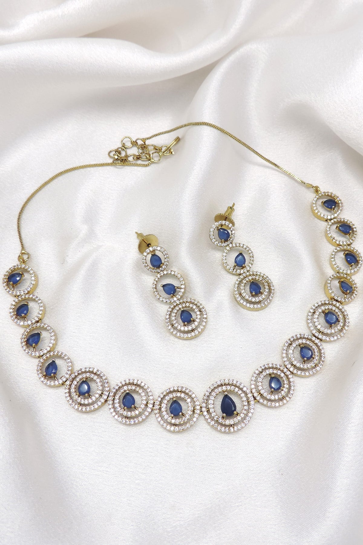 Blue AD Round Link Necklace Set with Matching Earrings by Joyrias