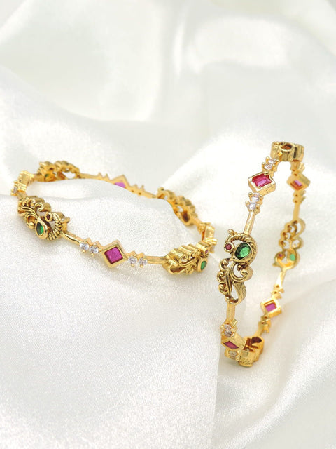 Traditional Gold Bangles with Red & Green Stone Accents (Set of 2)